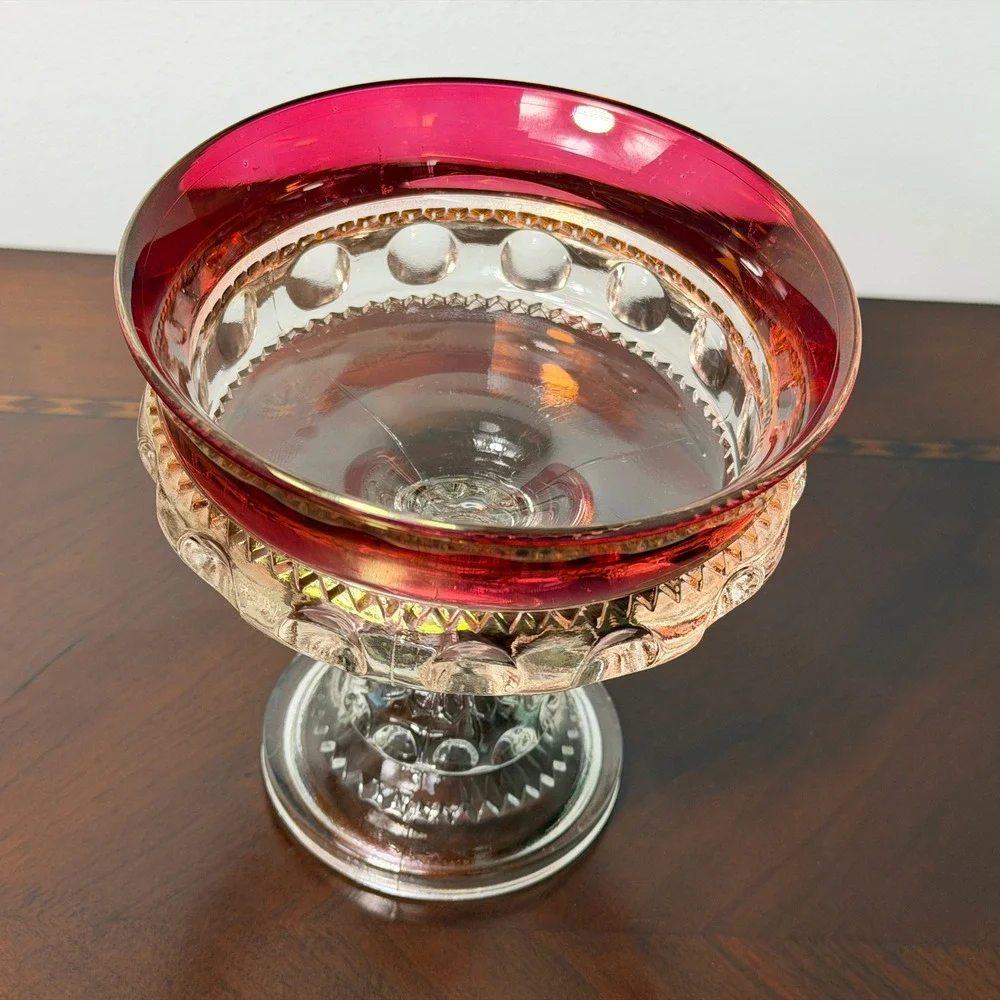 Vintage Indiana Glass Kings Crown Thumbprint Ruby Flash Compote Pedestal Bowl